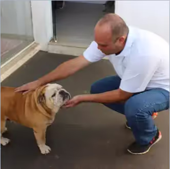 Dr Oscar abaixado com cachorro